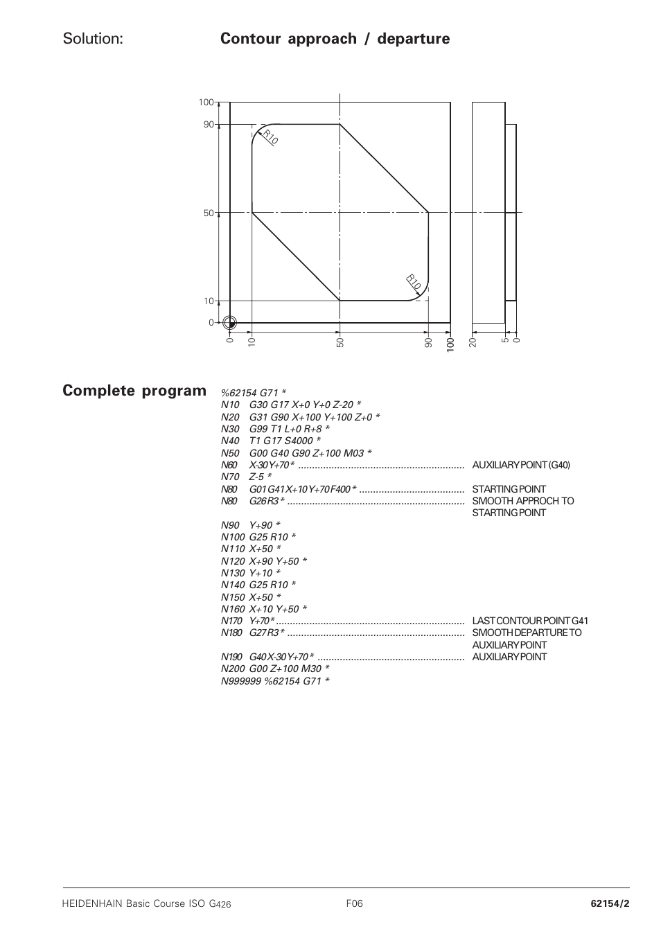 Solution, Complete program, Contour approach / departure | HEIDENHAIN TNC 426B (280 472) Training ISO programming User Manual | Page 11 / 59