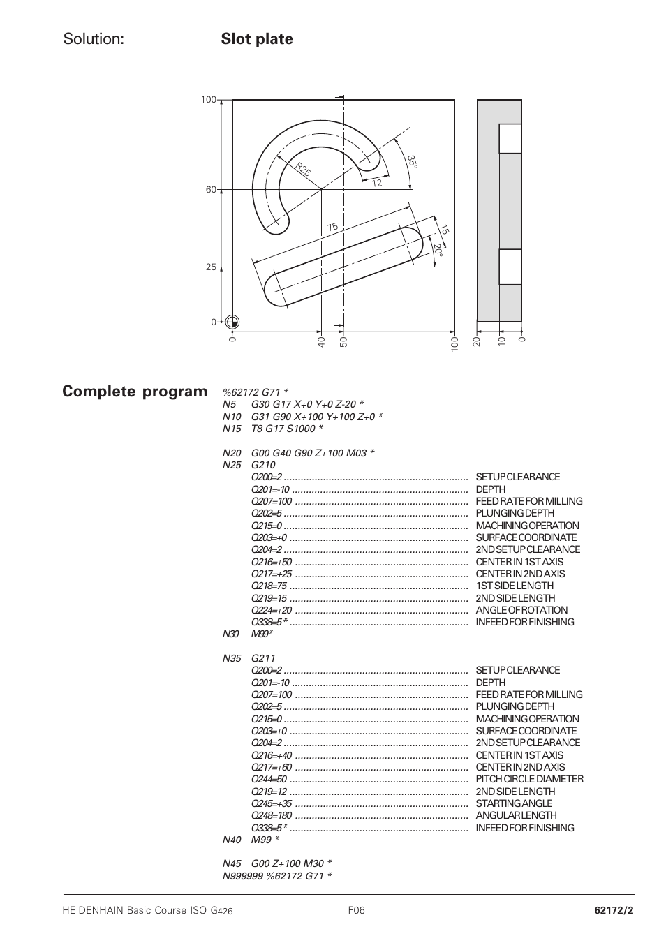 Solution, Slot plate, Complete program | HEIDENHAIN TNC 426B (280 472) Training ISO programming User Manual | Page 29 / 59