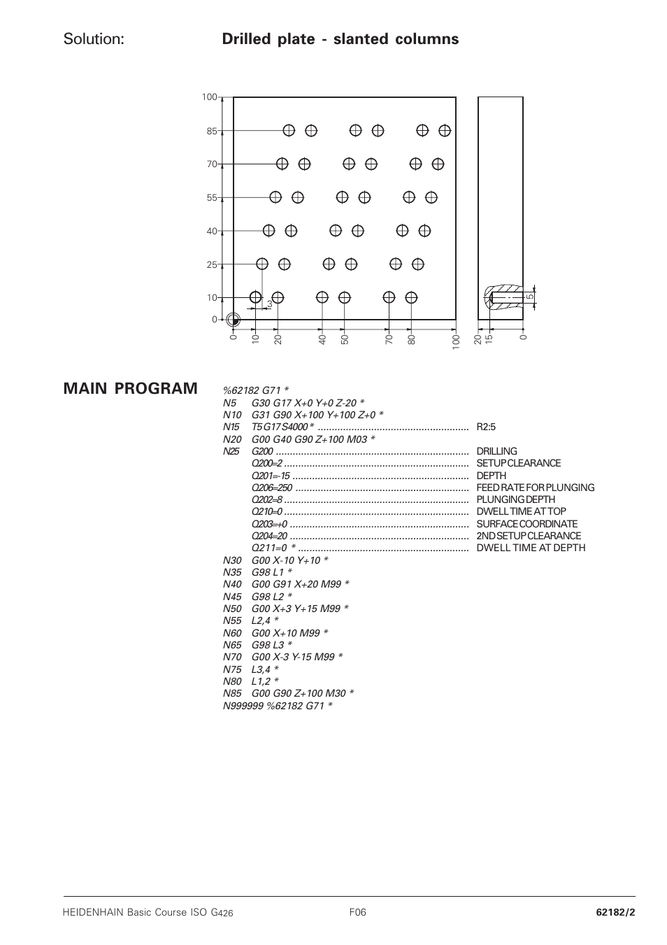 Solution, Drilled plate - slanted columns, Main program | HEIDENHAIN TNC 426B (280 472) Training ISO programming User Manual | Page 39 / 59
