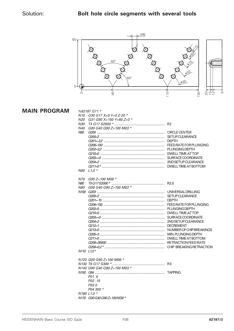Solution, Bolt hole circle segments with several tools, Main program | HEIDENHAIN TNC 426B (280 472) Training ISO programming User Manual | Page 44 / 59