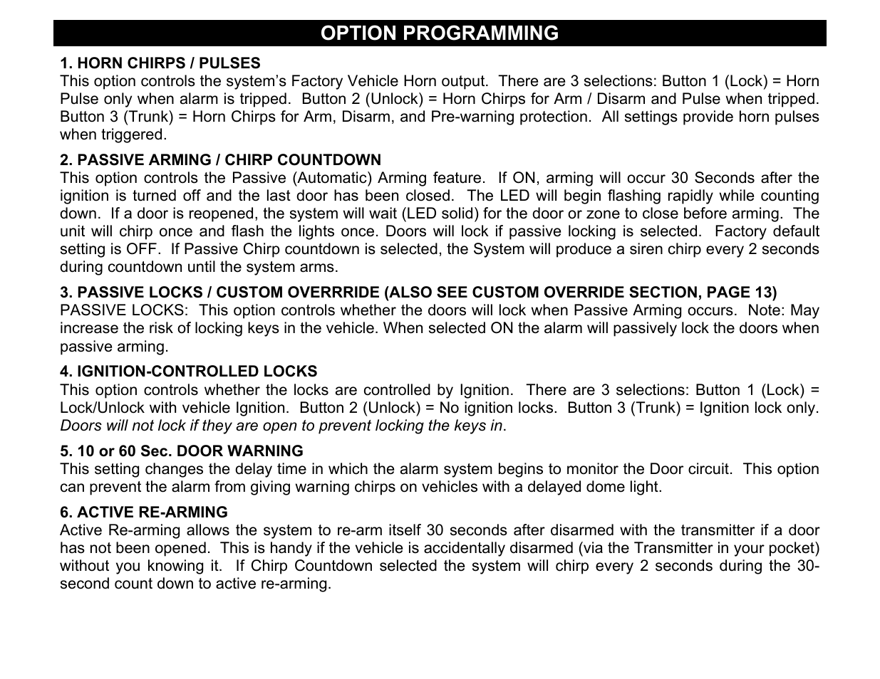 Ignition-controlled locks, Option programming | Crimestopper Security Products CS-2002DC SERIES III User Manual | Page 11 / 21