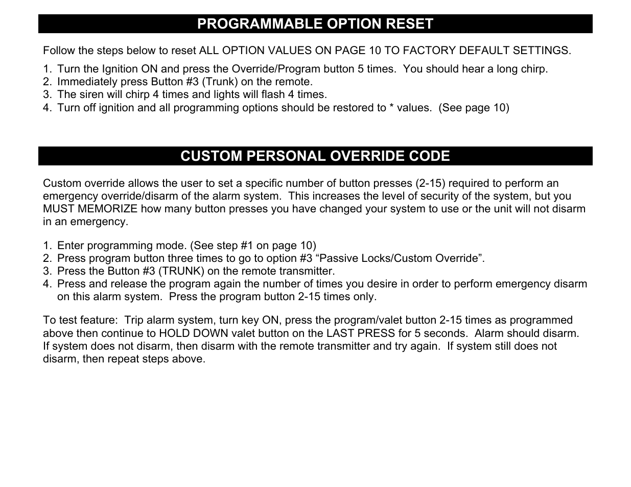 Programmable option reset, Custom personal override code | Crimestopper Security Products CS-2002DC SERIES III User Manual | Page 13 / 21
