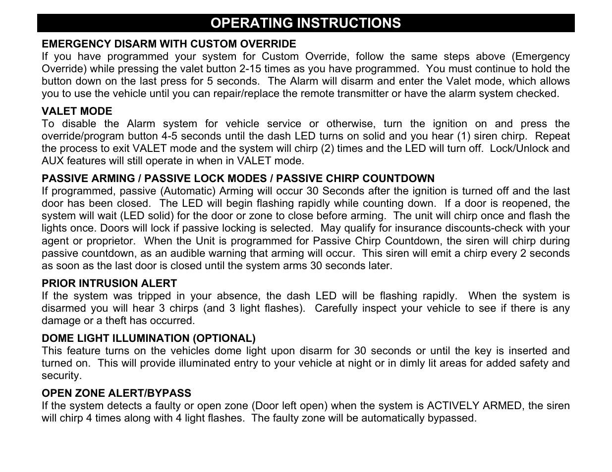 Prior intrusion alert, Dome light illumination (optional), Open zone alert/bypass | Operating instructions | Crimestopper Security Products CS-2002DC SERIES III User Manual | Page 16 / 21