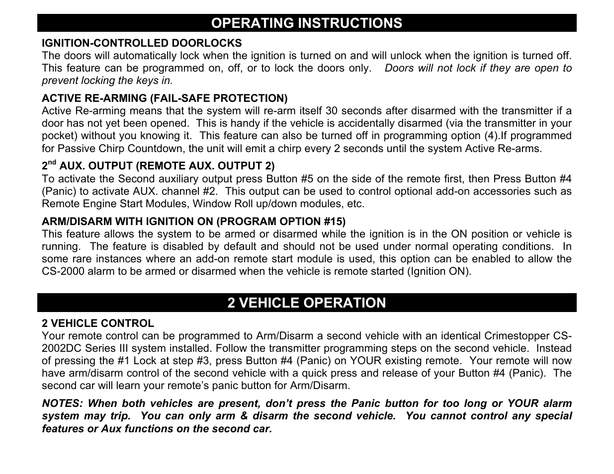 Ignition-controlled doorlocks, Active re-arming (fail-safe protection), 2nd aux. output (remote aux. output 2) | Arm/disarm with ignition on (program option #15), 2 vehicle control, Operating instructions, 2 vehicle operation | Crimestopper Security Products CS-2002DC SERIES III User Manual | Page 17 / 21