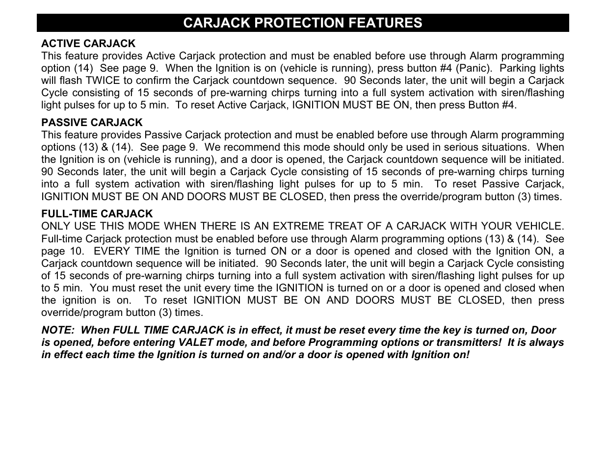 Active carjack, Passive carjack, Full-time carjack | Carjack protection features | Crimestopper Security Products CS-2002DC SERIES III User Manual | Page 18 / 21