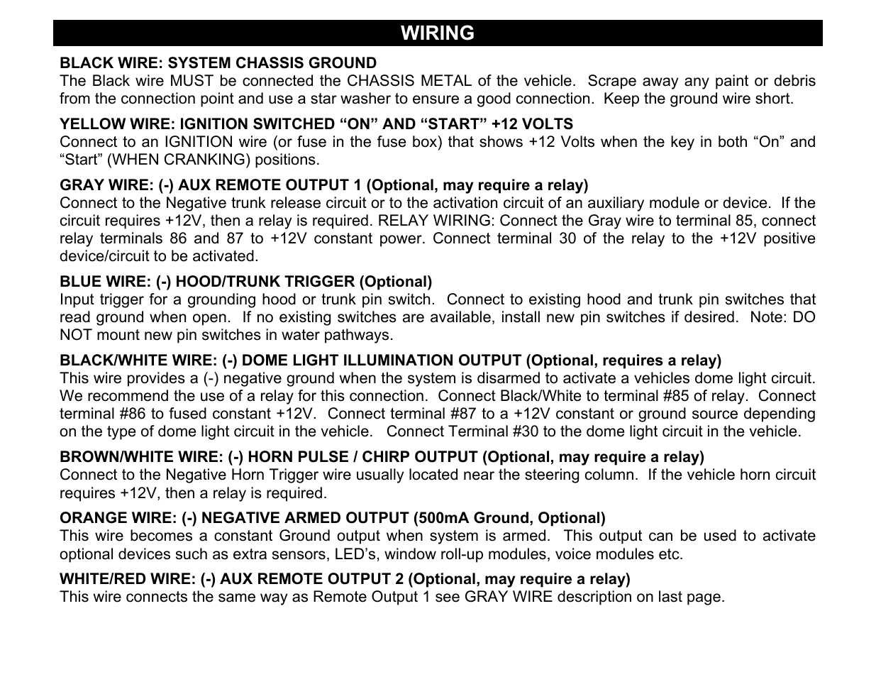 Black wire: system chassis ground, Blue wire: (-) hood/trunk trigger (optional), Wiring | Crimestopper Security Products CS-2002DC SERIES III User Manual | Page 4 / 21