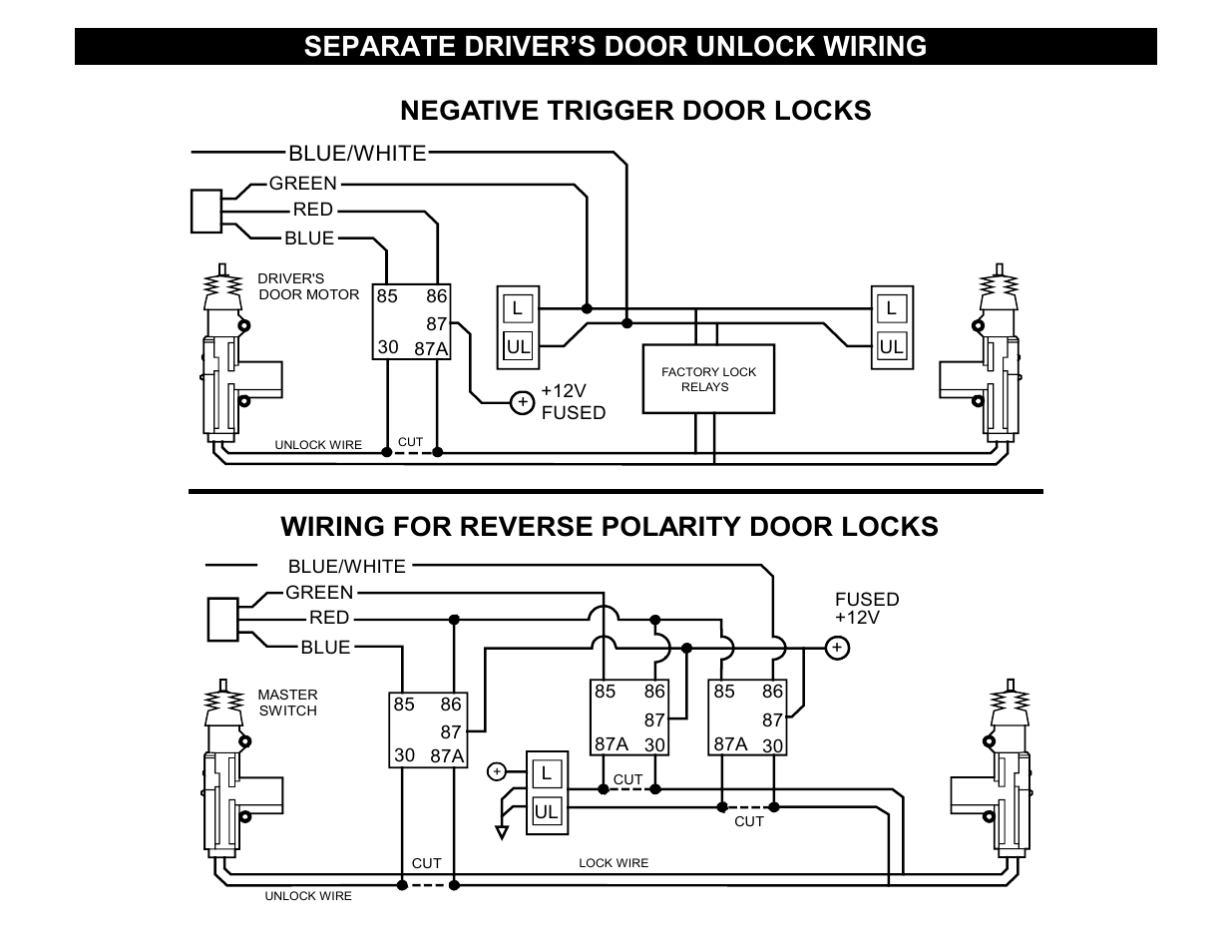 Separate driver’s door unlock wiring, Negative trigger door locks, Wiring for reverse polarity door locks | Crimestopper Security Products CS-2002DC SERIES III User Manual | Page 8 / 21