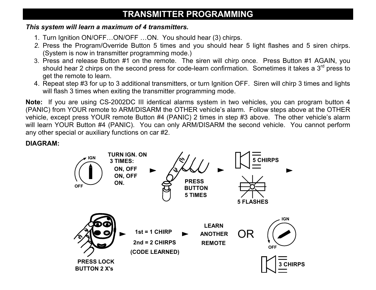 Transmitter programming | Crimestopper Security Products CS-2002DC SERIES III User Manual | Page 9 / 21