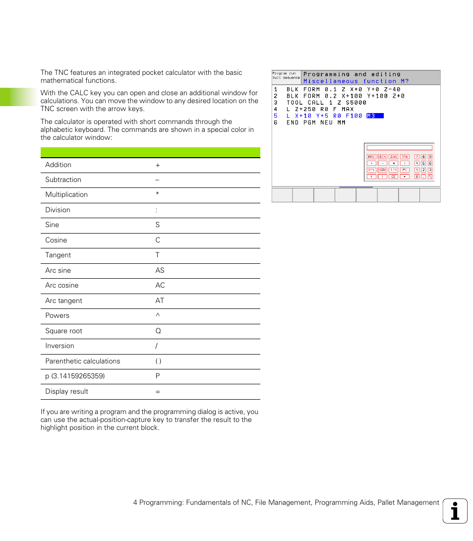 10 integrated pocket calculator, Operation | HEIDENHAIN TNC 426 (280 476) User Manual | Page 105 / 504