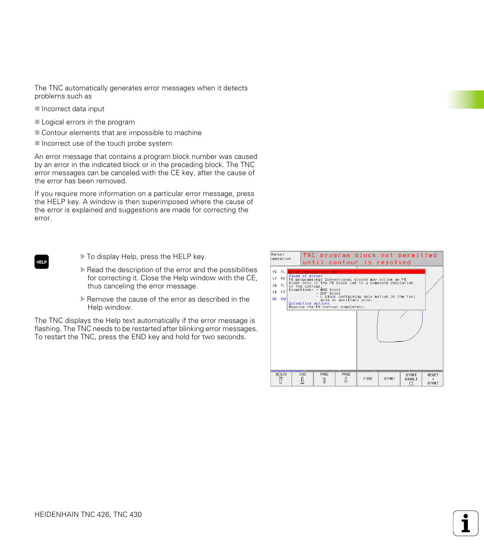 11 immediate help for nc error messages, Displaying error messages, Display help | HEIDENHAIN TNC 426 (280 476) User Manual | Page 106 / 504