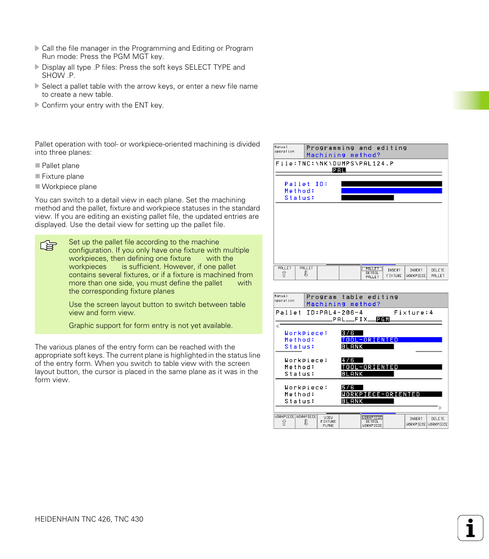 Selecting a pallet file, Setting up the pallet file with the entry form | HEIDENHAIN TNC 426 (280 476) User Manual | Page 116 / 504