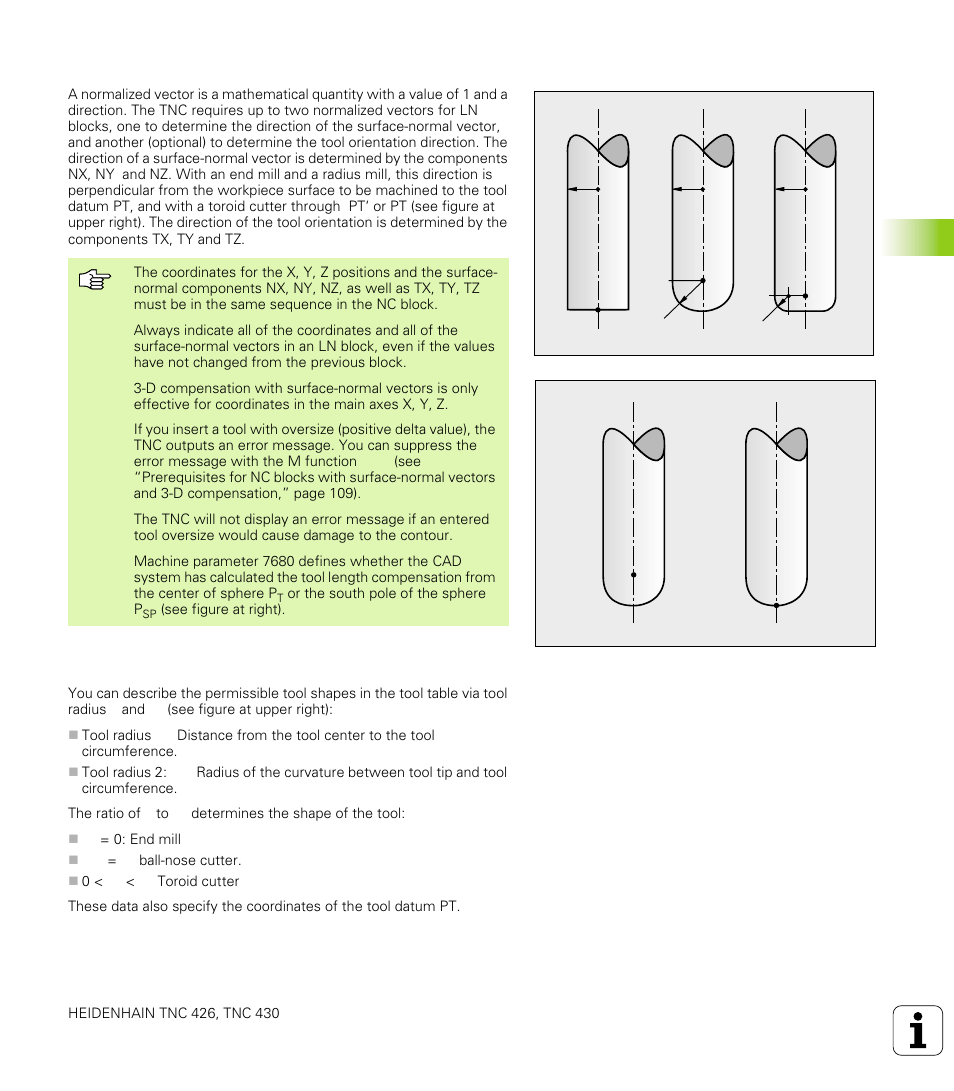 Definition of a normalized vector, Permissible tool forms, 4 thr ee-dimensional t ool compensation | HEIDENHAIN TNC 426 (280 476) User Manual | Page 142 / 504