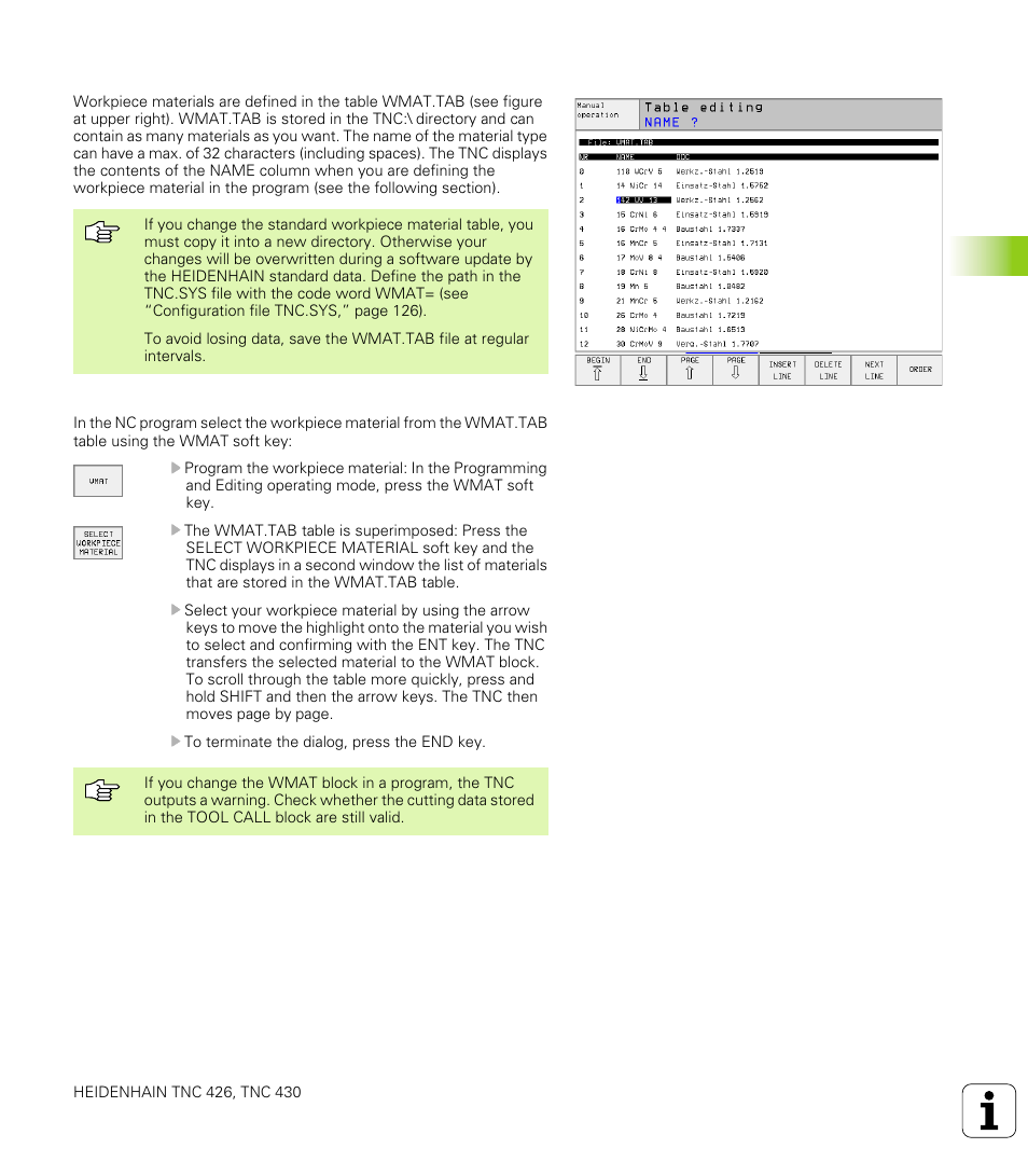 Table for workpiece materials, 5 w o rk ing with cut ting d a ta t a bles | HEIDENHAIN TNC 426 (280 476) User Manual | Page 148 / 504