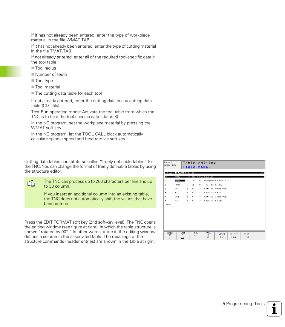 Working with automatic speed/feed rate calculation, Changing the table structure, 5 w o rk ing with cut ting d a ta t a bles | HEIDENHAIN TNC 426 (280 476) User Manual | Page 151 / 504