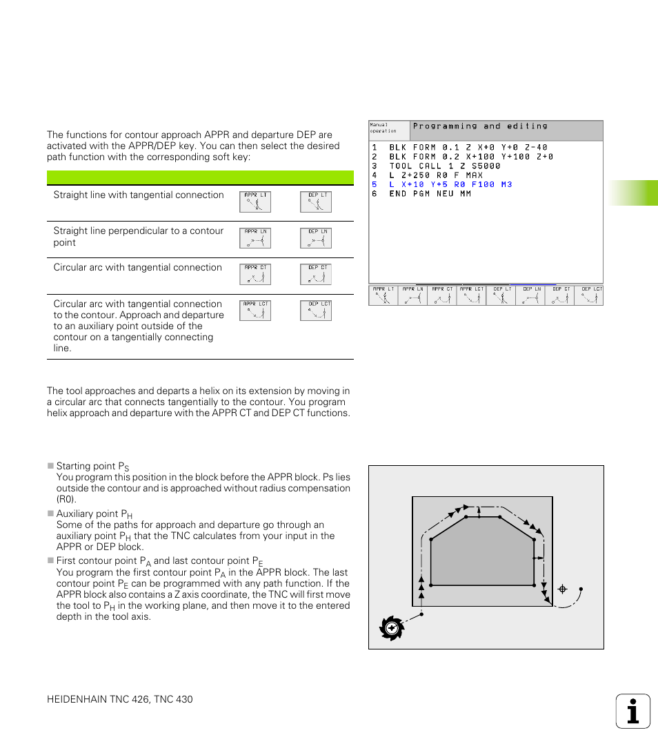 3 contour approach and departure, Important positions for approach and departure | HEIDENHAIN TNC 426 (280 476) User Manual | Page 160 / 504