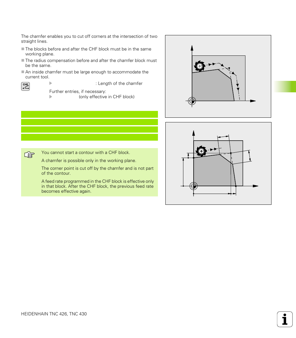 Inserting a chamfer chf between two straight lines, Chamfer: chf, Chamfer between two straight lines | Chamfer side length, 4 p a th cont ours — car tesian coor dinat e s | HEIDENHAIN TNC 426 (280 476) User Manual | Page 168 / 504