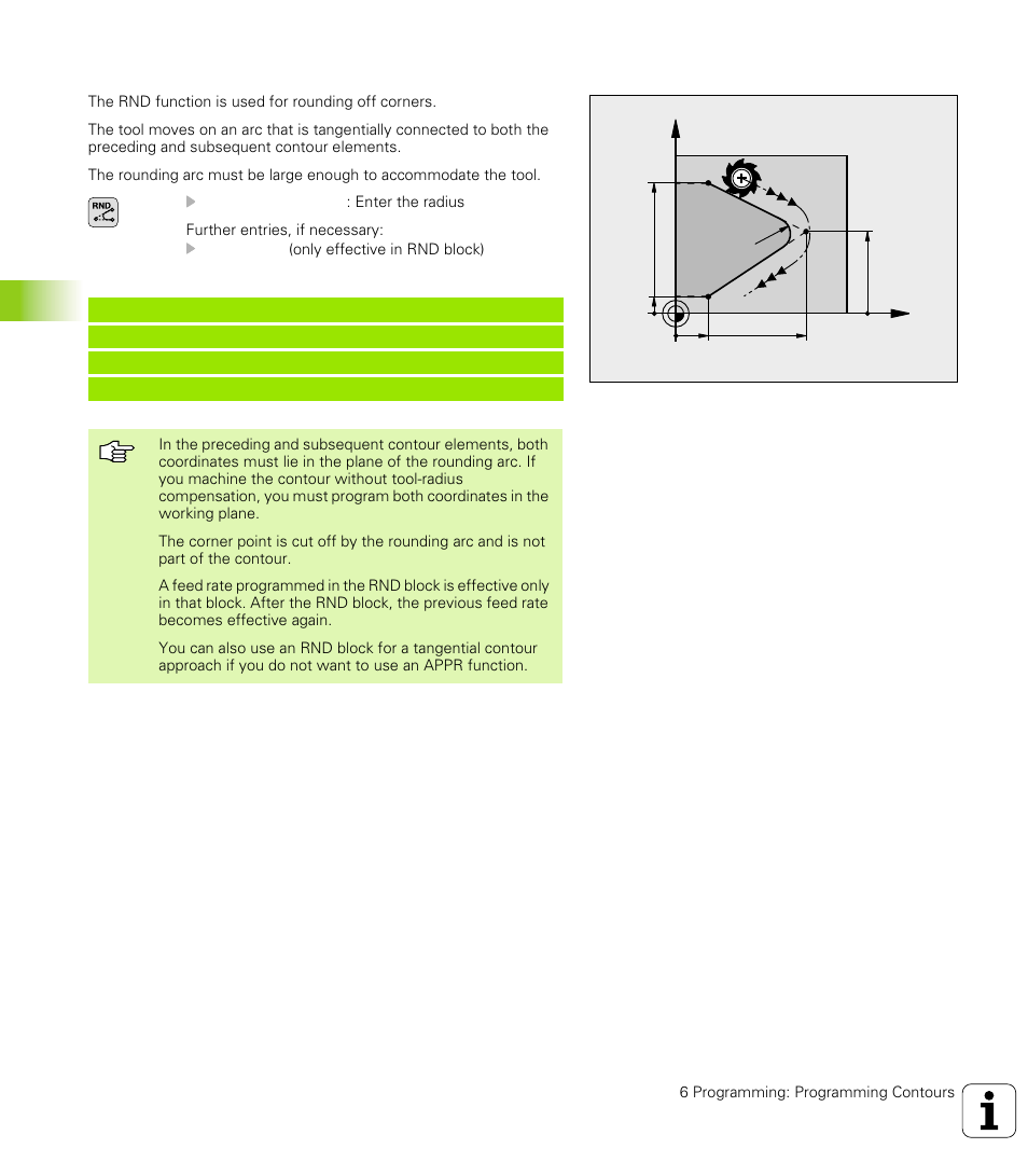 Corner rounding rnd, Rounding-off radius r, 4 p a th cont ours — car tesian coor dinat e s | HEIDENHAIN TNC 426 (280 476) User Manual | Page 169 / 504