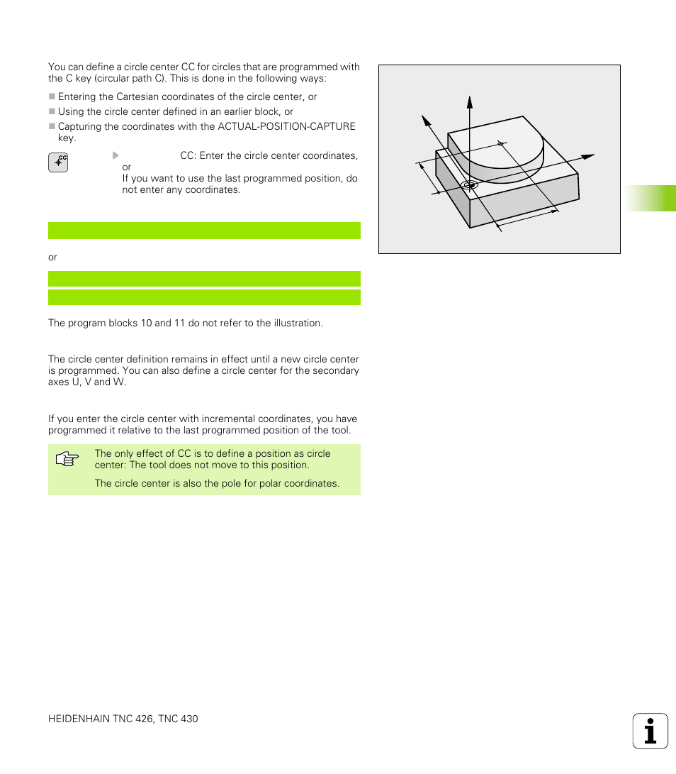 Circle center cc, No tool movement, Coordinates of the circle center or pole | 4 p a th cont ours — car tesian coor dinat e s | HEIDENHAIN TNC 426 (280 476) User Manual | Page 170 / 504