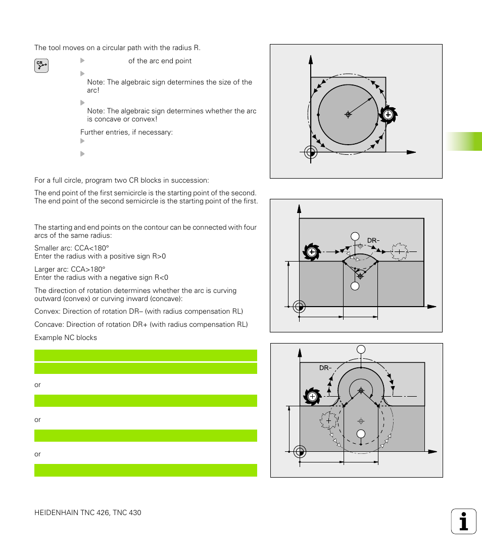 Circular path cr with defined radius, Circular arc cr, Circular arc with a certain radius | 4 p a th cont ours — car tesian coor dinat e s | HEIDENHAIN TNC 426 (280 476) User Manual | Page 172 / 504