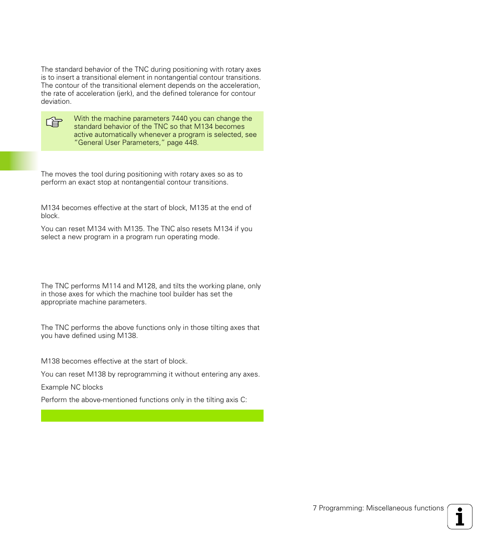 Selecting tilting axes: m138, 5 miscellaneous f unctions f or rotary ax es | HEIDENHAIN TNC 426 (280 476) User Manual | Page 223 / 504