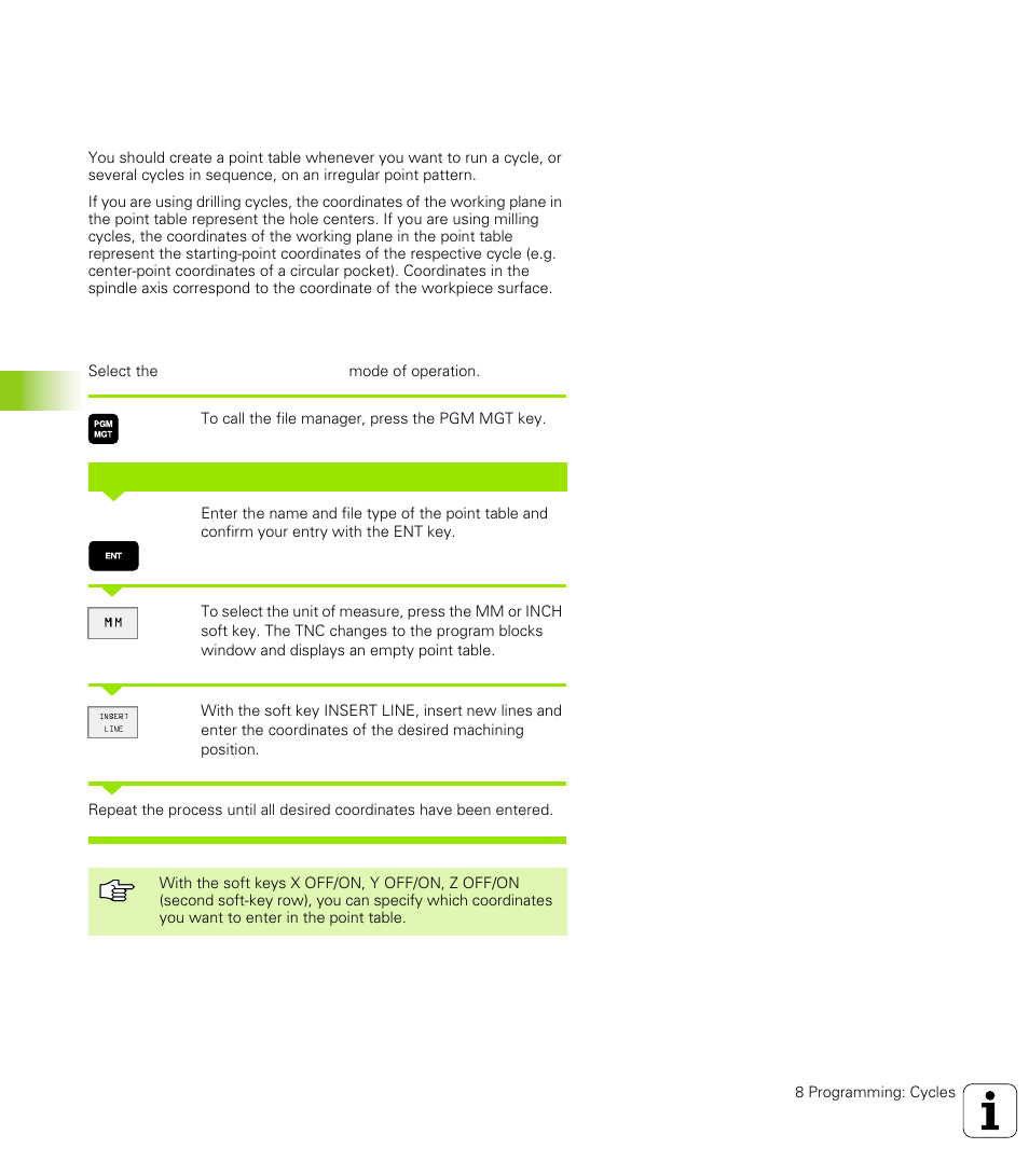 2 point tables, Function, Creating a point table | 2 p oint t a bles 8.2 point tables | HEIDENHAIN TNC 426 (280 476) User Manual | Page 233 / 504