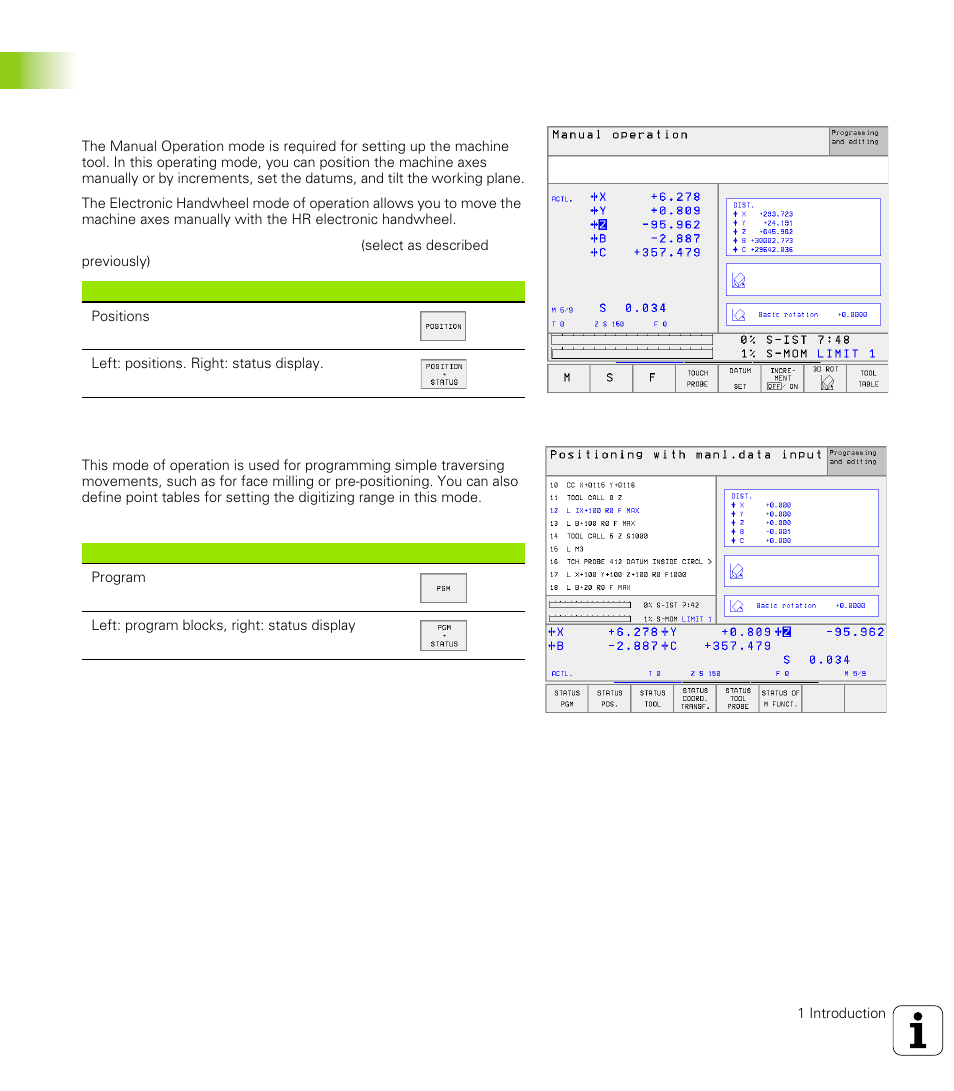 3 modes of operation, Manual operation and electronic handwheel, Positioning with manual data input (mdi) | 3 modes of oper ation 1.3 modes of operation | HEIDENHAIN TNC 426 (280 476) User Manual | Page 32 / 504