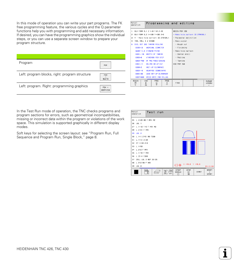 Programming and editing, Test run, 3 modes of oper ation | HEIDENHAIN TNC 426 (280 476) User Manual | Page 33 / 504