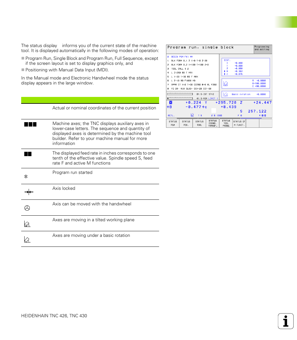 4 status displays, General” status display, 4 stat us displa ys 1.4 status displays | HEIDENHAIN TNC 426 (280 476) User Manual | Page 35 / 504