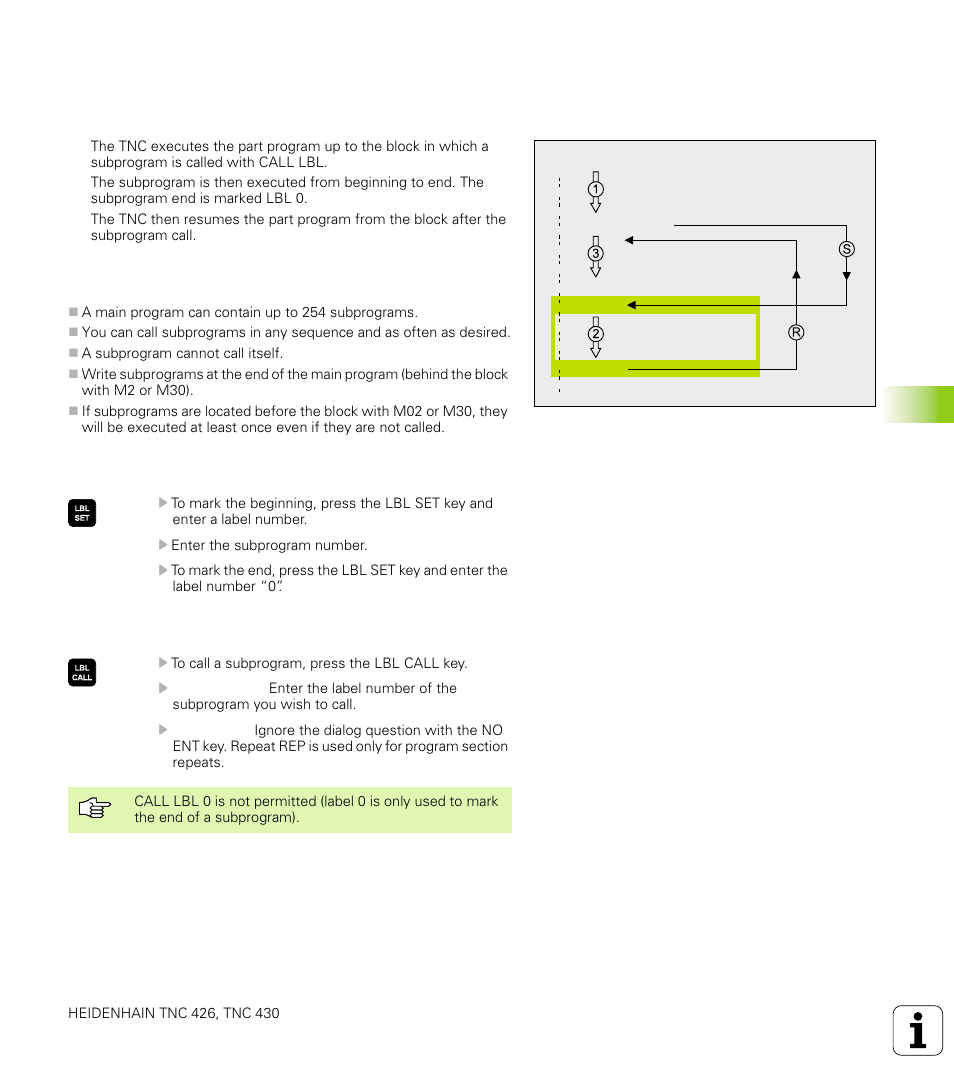 2 subprograms, Operating sequence, Programming notes | Programming a subprogram, Calling a subprogram, 2 subpr ogr a ms 9.2 subprograms | HEIDENHAIN TNC 426 (280 476) User Manual | Page 370 / 504