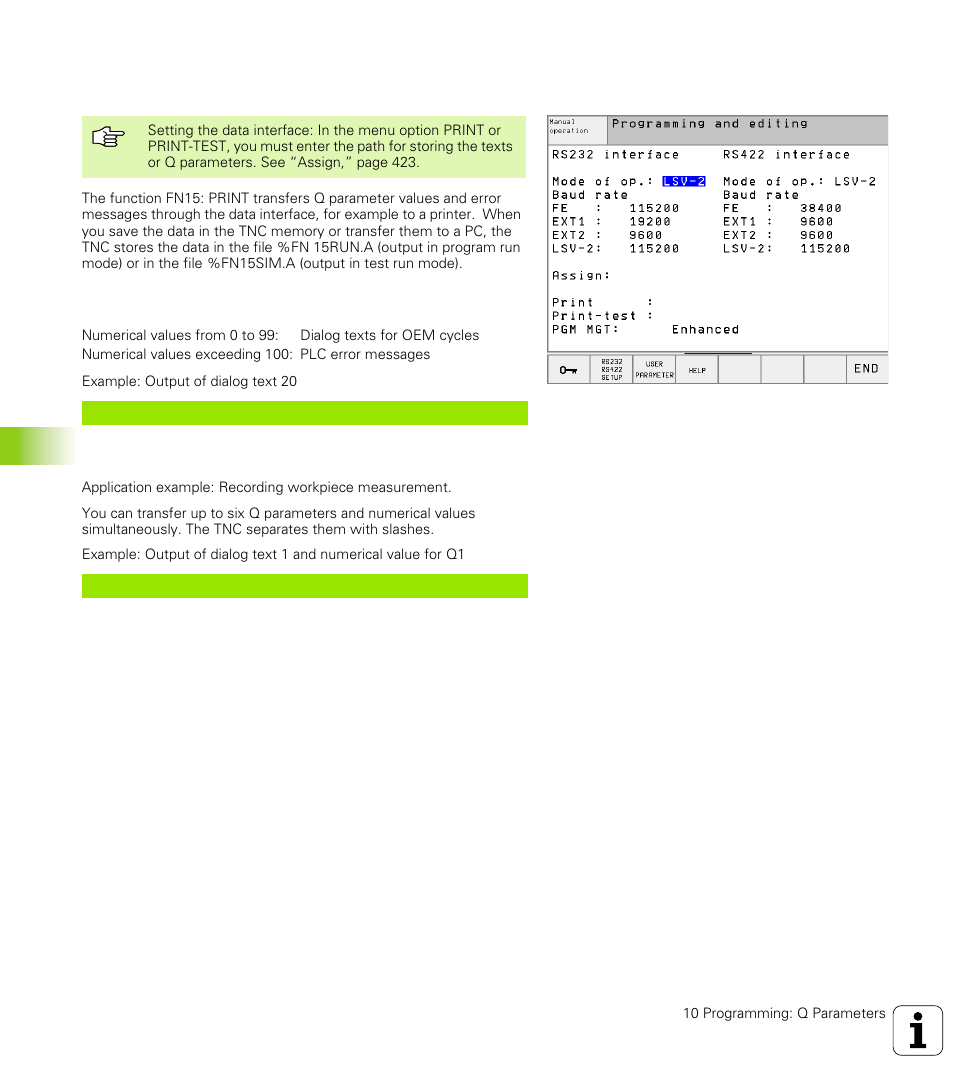 Fn15: print: output of texts or q parameter values, 10 .8 a d ditional f unctions | HEIDENHAIN TNC 426 (280 476) User Manual | Page 397 / 504