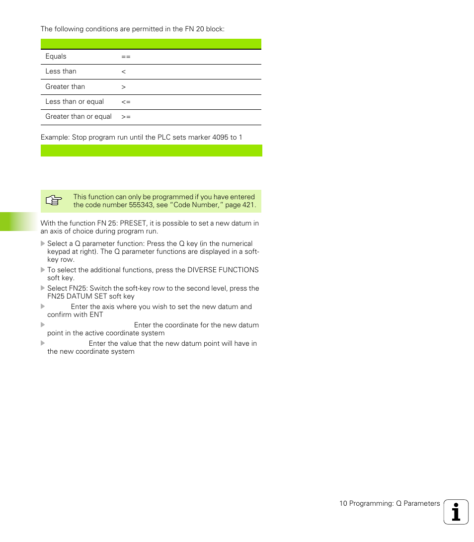 Fn 25: preset: setting a new datum, Fn25:preset set datum during program run, 10 .8 a d ditional f unctions | HEIDENHAIN TNC 426 (280 476) User Manual | Page 407 / 504