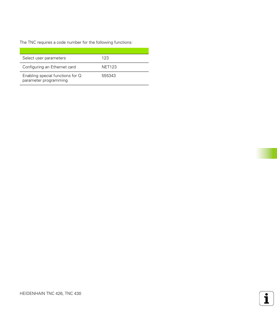 3 code number, Function, Enter code number | HEIDENHAIN TNC 426 (280 476) User Manual | Page 448 / 504