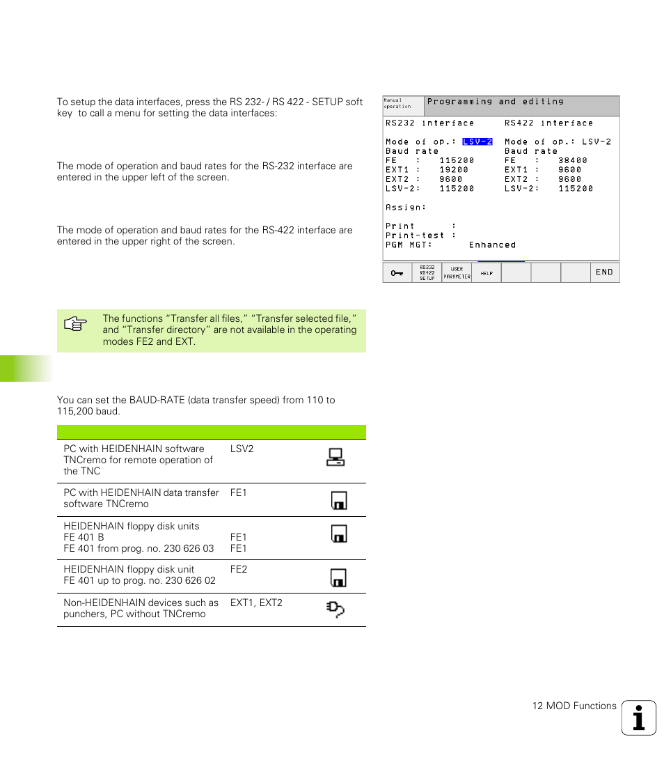 4 setting the data interfaces, Function, Setting the rs-232 interface | Setting the rs-422 interface, Setting the operating mode of the external device, Setting the baud rate, Set data interface, Setting the data interface | HEIDENHAIN TNC 426 (280 476) User Manual | Page 449 / 504