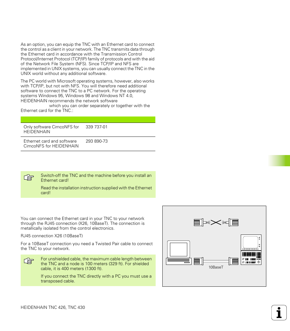 5 ethernet interface, Introduction, Installing an ethernet card | Connection possibilities, 5 ether n et int e rf ace 12.5 ethernet interface | HEIDENHAIN TNC 426 (280 476) User Manual | Page 454 / 504