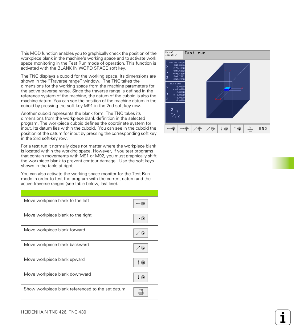 8 showing the workpiece in the working space, Function, Showing the workpiece in the working space | HEIDENHAIN TNC 426 (280 476) User Manual | Page 462 / 504