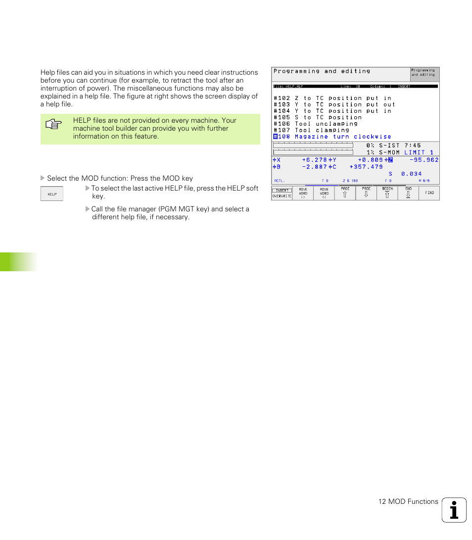 14 displaying help files, Function, Selecting help files | Help files (if provided), Displaying help files (if provided) | HEIDENHAIN TNC 426 (280 476) User Manual | Page 469 / 504