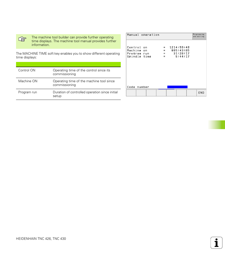 15 displaying operating time, Function, Displaying operating time | HEIDENHAIN TNC 426 (280 476) User Manual | Page 470 / 504