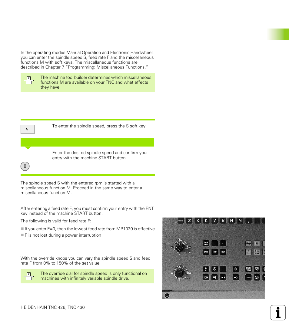 Function, Entering values, Changing the spindle speed and feed rate | HEIDENHAIN TNC 426 (280 476) User Manual | Page 48 / 504