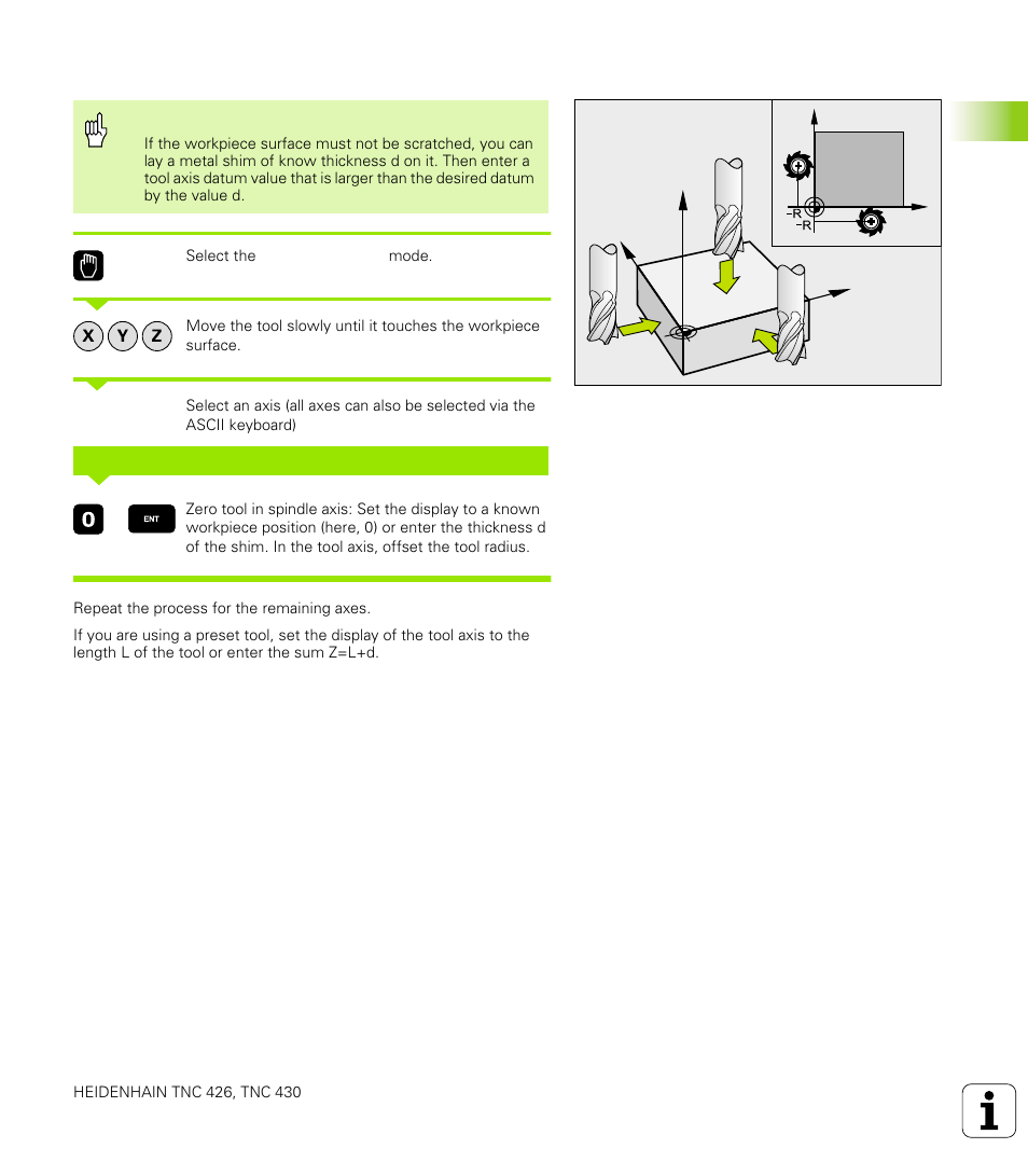 Datum setting, 4 d a tu m set ting(without a 3-d t o uc h pr obe) | HEIDENHAIN TNC 426 (280 476) User Manual | Page 50 / 504