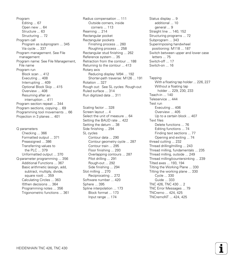 Index | HEIDENHAIN TNC 426 (280 476) User Manual | Page 500 / 504