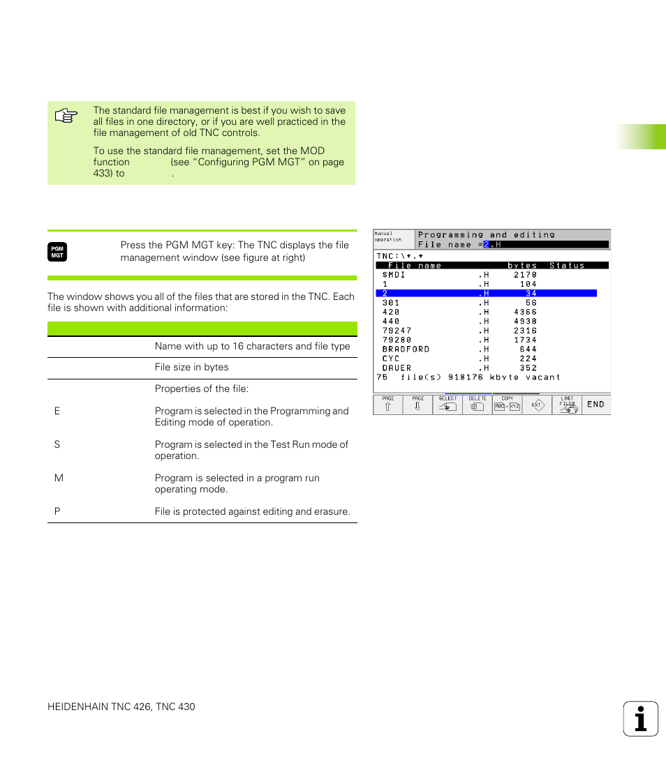 3 standard file management, Note, Calling the file manager | HEIDENHAIN TNC 426 (280 476) User Manual | Page 68 / 504