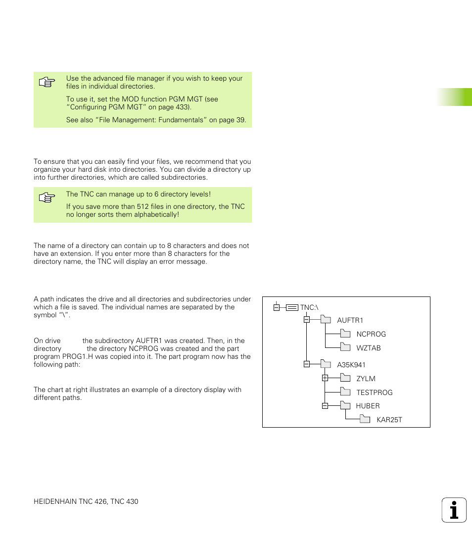 4 advanced file management, Note, Directories | Paths | HEIDENHAIN TNC 426 (280 476) User Manual | Page 76 / 504