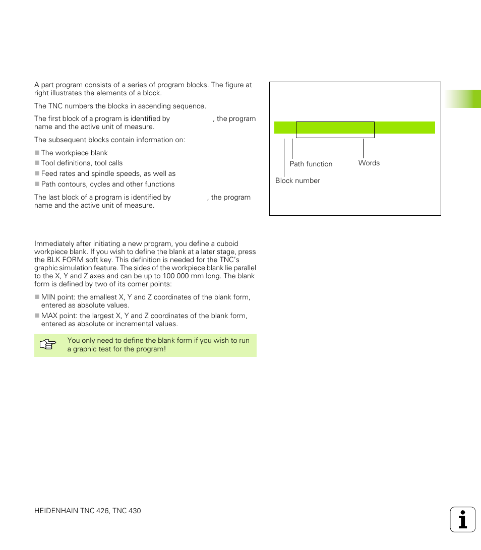 5 creating and writing programs, Defining the blank form– blk for | HEIDENHAIN TNC 426 (280 476) User Manual | Page 90 / 504