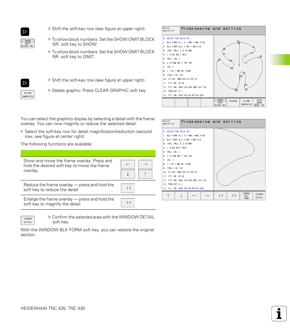 Block number display on/off, To erase the graphic, Magnifying or reducing a detail | 6 int e ra ctiv e pr ogr amming gr aphics | HEIDENHAIN TNC 426 (280 476) User Manual | Page 98 / 504