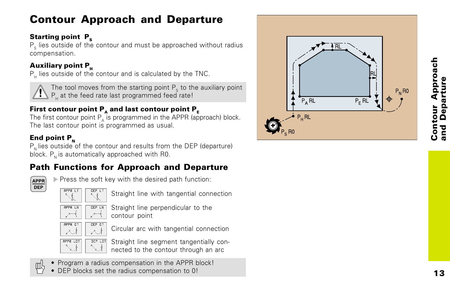 Contour approach and departure, 13 contour approach and departure, Path functions for approach and departure | HEIDENHAIN TNC 426 (280 476) Pilot User Manual | Page 12 / 104