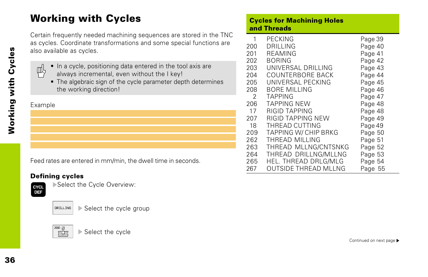 Working with cycles | HEIDENHAIN TNC 426 (280 476) Pilot User Manual | Page 35 / 104