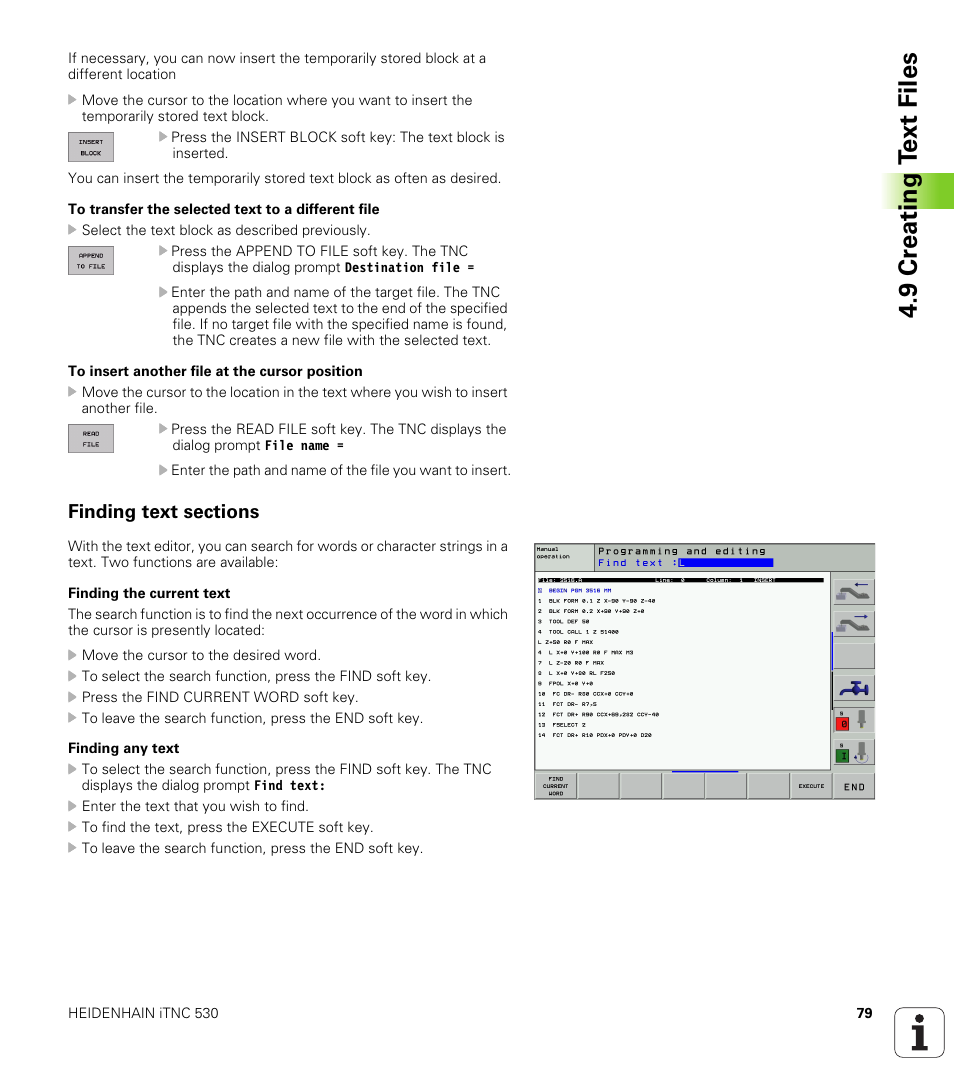 Finding text sections, 9 cr eating t ext files | HEIDENHAIN iTNC 530 (340 420) User Manual | Page 107 / 530