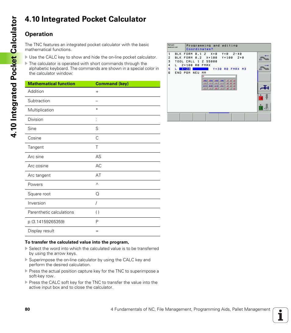 10 integrated pocket calculator, Operation | HEIDENHAIN iTNC 530 (340 420) User Manual | Page 108 / 530