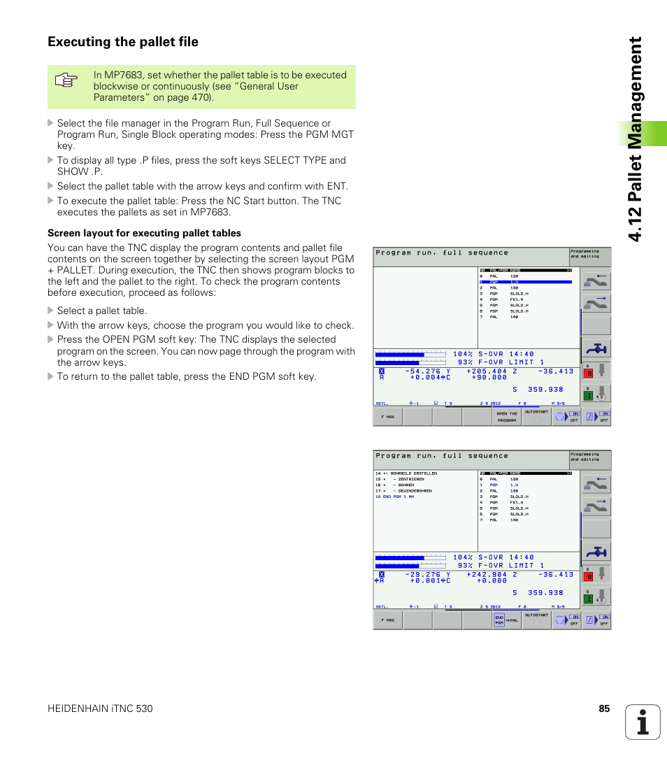 Executing the pallet file, 12 p a llet manag e ment | HEIDENHAIN iTNC 530 (340 420) User Manual | Page 113 / 530