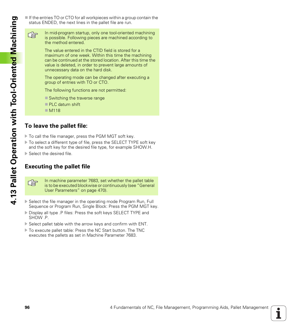 To leave the pallet file, Executing the pallet file | HEIDENHAIN iTNC 530 (340 420) User Manual | Page 124 / 530